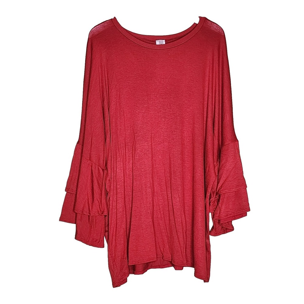 Acting Pro Brick Red Top Bell Sleeve Ruffles Boho Round Neck Casual Pullover XL - Picture 1 of 7